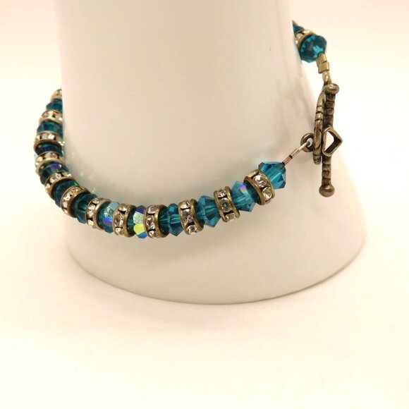 Blue Crystal Bead Bracelet Rhinestone Spacers Silver Tone Heart Toggle Clasp - Picture 3 of 12